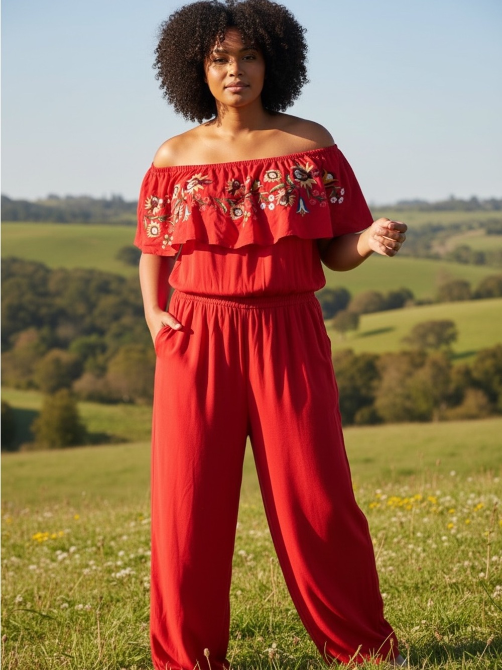 DAVI & DANI Rayon Coral/Orange Off-Shoulder Embroidered Jumpsuit Size 3XL
